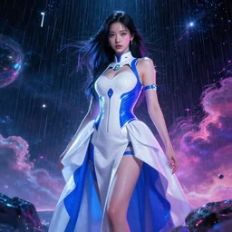 hoyeon jung in a white and royal blue cyberpunk dress emerging from neon multicolored rain falling from cosmic clouds in interstellar deep space atmosphere, cinematic, ultra detailed, majestic, seductive, by wlop, android james, ilya kuvshinov, james jean, vincent di fate