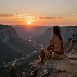 an indigenous man sitting at the top of a cliff, looking down at the valley, doing a vision quest, beautiful sunset, art by christophe vacher