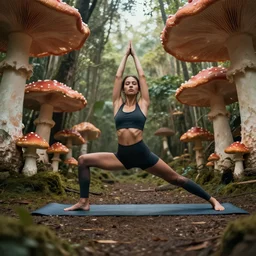 skinny muscular girl practicing youga on shrooms wide angle cinematic