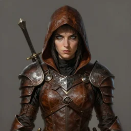 a concept art painting of an female thief assassin wearing medieval brown leather armor with piercing beautiful eyes art by karol bak and mark brooks and argerm, centered