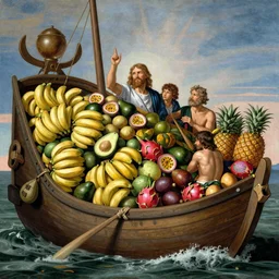 Prophet Noah filling the huge ship with luxury fruits during the great flood, bananas, avocados, passion fruits, dragon fruits, pineapples, colorful, epic, legendary, holy, by Michelangelo