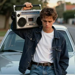 a man holding up a boombox in front of a car, the boombox scene in say anything, pinterest contest winner, american romanticism, fashion of the 1 9 8 0's, sadpeople aesthetic, retro