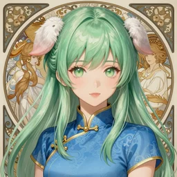 an adult girl with long light green hair and light green eyes, a small pigtail on the left side, white fur on top,, chinese blue dress, chinese style, anime style, hyper detailed, illustration, digital painting, art by artgerm and greg rutkowski and alphonse mucha, high delicate defined details, anime stylized, highly detailed, realistic, sharp focus