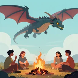a campfire, a dragon flying at background, dragon\'s eyes shining red/yellow seen by far at sky, people talking with each other, sun setting, and sea waves is slow
