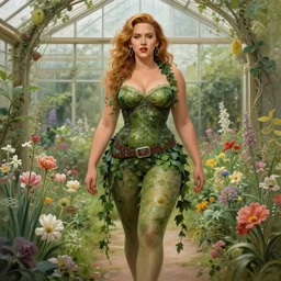 a stunning matte portrait of a thicc and voluptuous scarlett johansson dressed as a beautiful poison ivy walking through a flowering garden, greenhouse in the background, intricate, elegant, highly detailed, digital painting, artstation, concept art, sharp focus, illustration, byrebecca guay and arthur rackham and alphonse mucha and john william waterhouse, pixv