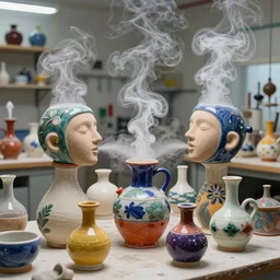 an alchemical laboratory of vapour voices made from ceramic vessels, air flow, clay, no humans, vivd colour, 8 k, unreal, high resolution