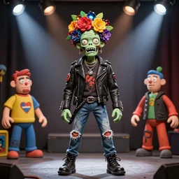 portrait of a zombie punk rock star, leather jacket, ripped jeans, spikes, head made of fruit gems and flowers in the style of arcimboldo, basil wolverton, kenny scharf, cartoonish graphic style, street art, silkscreen pop art, action figure, clay sculpture, claymation, dramatic stage scene, spotlight lighting