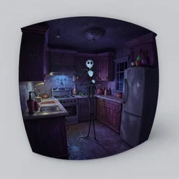 twisted curved perspective digital art of a dim lit kitchen (from Tim Burtons Nightmare Before Christmas) by  Christopher Balaskas