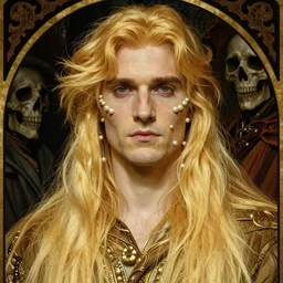detailed portrait of a pale blond German man with pearls on his face, with long blond hair, Henry Cavill and johan liebert, bright gold long hair, long very very very pale blond hair, male by Alphonse Mucha, Amano, Karol Bak, Greg Hildebrandt, Jean Delville, and Mark Brooks, Art Nouveau, Neo-Gothic, gothic, rich dark moody horror and death colors