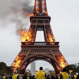 eiffel tower is burning, realistic footage, natural lighting, gilets jaunes, cinematic, realistic, bfmtv, tf 1
