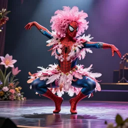 spiderman with an pink eccentric haircut wearing an dress made of feathers dancing on stage, artwork made by ilya kuvshinov, inspired in donato giancola, hd, ultra realistic, reflection, flowers, light, realistic face, bird tattoo, trending on pixiv, 8 k, ray tracing, glorious