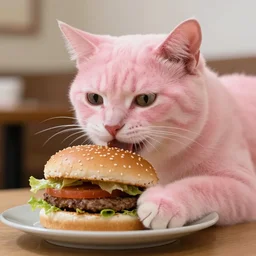a pink cat eating a burger, realistic photo
