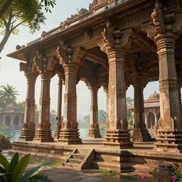 photography of a beautiful archipelago of never seen before stunning ancient indian temple and palaces. complex intricate pilars patern, runes. trees water and flowers. afternoon light, inspiring science fiction, intricate, elegant, uplifting, inspirational, unreal engine 5, highly detailed by beksinski
