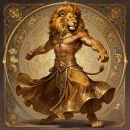 full body photograph of a male anthropomorphic lion man fursona arabian dancer, belly dancing, deep focus, intricate, elegant, highly detailed, digital painting, artstation, concept art, matte, sharp focus, illustration, d & d, fantasy, hearthstone, art by artgerm and greg rutkowski and alphonse mucha