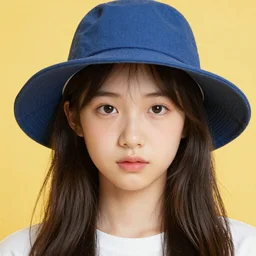 long haired girl with hat, by alex katz, close-up, colorful, yellow background