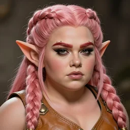 fantasy character portrait photo. female dwarf. short, broad, extremely hypertrophied. broad face resembles cara delevingne but very squat. wide face, androgynous but pretty. elaborately braided orangepink hair. long sidebuns, downy cheeks. thick bushy groomed red eyebrows with multiple piercings. tan leather vest, bare bodybuilder shoulders. kohl, lipgloss