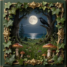 book cover, symmetrical ivy on frames, high quality fantasy stock photo, beautiful nature and moonlight, mushrooms on the grass, crow in the tree, sea, unsplash transparent, forest and moon, intricate detail, elegant, hyper realistic, ultra detailed, octane render, volumetric cinematic lighting, 8 k, post - production