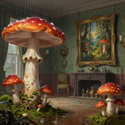 interior of a Victorian house, heavy rain, big mushrooms, moss, a beautiful painting, digital art, overdetailed art, concept art, detailed illustration, hd, 4k, digital art, highly saturated colors, Dan Mumford,  Greg rutkowski, Victo Ngai