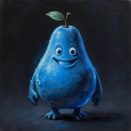 A humanoid pear grinning monster, dark, blue light, black gradient background, oil painting