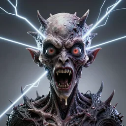 half head missing jason fused with a poltergeist lovecraft super screaming space demon, spiky skin, creepy, melting, big eyes, laser beams, creepy, photo, portrait, 3 d, high details, intricate details, by vincent di fate, artgerm julie bell beeple, 9 0 s, smooth gradients, volumetric lightning, high contrast, duo tone, depth of field, very coherent symmetrical artwork