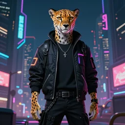anthropomorphic cheetah character wearing black cyberpunk skater clothes with neon highlights in a cyberpunk city at night. Renowned character illustration by greg rutkowski, thomas kindkade, alphonse mucha, loish, norman rockwell. Trending on artstation 4k. Highly detailed. Digital art.