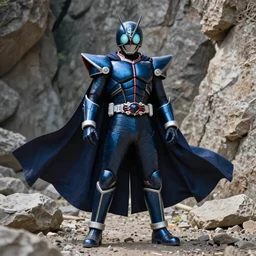 High Fantasy Kamen Rider with a flowing cape, single character full body, 4k, rock quarry location, daytime, glowing eyes, rubber suit, dark blue segmented armor, fantasy inspired segmented dragon armor, ultra realistic, high quality, cinematic, centered, cinematography