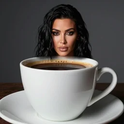 Kim Kardashian peeking out of a giant espresso cup, cinematic, highly detailed, HD, 4K, professional image, professional lighting
