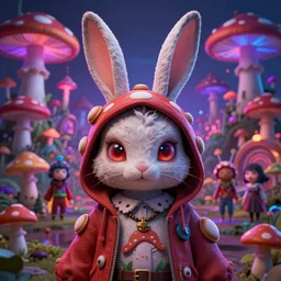 4 k headshot portrait of a psychedelic demonic anthropomorphic bunny rabbit with mushroom themed clothes, magic mushroom village in background by jeff easley, award winning, stylized neon, post - processing, masterpiece, superb resolution. in the art style of junji ito and greg rutkowski. detailed mushroom city in background. hyper realistic anime. perfect art. dalle 2