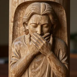 hide the pain harold as a wood carving.