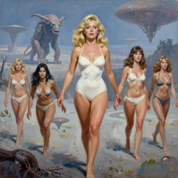 a mixed media painting of one very beautiful blonde woman fleeing from a distant colossus creature on an alien world, elegant, aesthetic!!! symmetrical face and eyes, sixties pinup, photorealistic, curvy by frank frazetta, greg rutkowski, boris vallejo, donato giancola, christian macnevin, white bikini