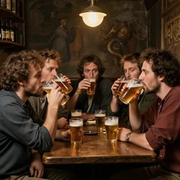 five men drinking beer and talking intelligently in pub, caravaggio, detailed photograph, josh kirby, 4k, unreal engine