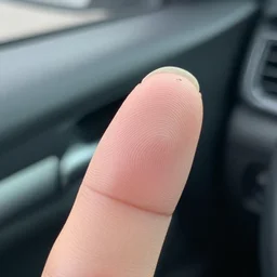 photorealistic close - up of a peeling finger, macro photo, inside a car
