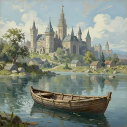 A stunning painting of the city of Solitude in Skyrim, a small boat is on the water, well made, highly detailed