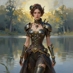 woman model, steampunk!!! and modern, rgb, lake with trees, backlit, elegant, highly detailed, digital painting, artstation, concept art, smooth, sharp focus, illustration, art by krenz cushart and artem demura and alphonse mucha