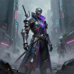 an epic portrait of a cyberpunk knight cyborg wizard wearing a neon robe posing in a mist-filled brutalist international futurist megacity, Night City, cyberpunk 2077, muted neon and constant rain and fog, unreal 5, DAZ, detailed, soft focus, brilliant colors, high contrast, brilliant highlights, 4k, 8k, HD, trending on artstation, trending on DeviantArt, painting oil on canvas illustration by Alena Aenmai by Wayne Barlowe by Gerald Brom by Noah Bradley by Thomas Kincade