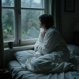 on a rainy day, someone in home sits in bed, curled up under the covers, looking out the window, cinematic, artstation, extremely detailed, intricate, cinematic lighting, art by eugene de blaas