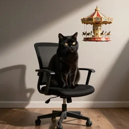 annoyed black cat sitting on a black rotating office chair, dreaming about marry - go - round