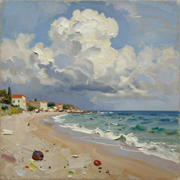 oil paint impasto reliefs, italian beach scene, super realistic, influenced by constables cloud studies, painted with expressive paint and cumulus clouds,