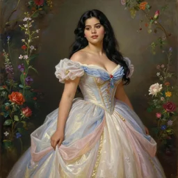 beautiful thirty year old woman with long black hair, tan skin, curvy hourglass figure, round cute face, slight resemblance to selena gomez wearing a modest colorful disney princess gown in a field of flowers. beautiful painting by artgerm and greg rutkowski and bouguereau and lois van baarle