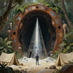 a chrome bipdel conical drill visits a rusted cave mouth in the jungle, retrofuturistic, matte oil painting, speleothems, merchant tents, salt dunes, science fantasy, rpg, epic, extremely detailed, sharp focus, 4 k