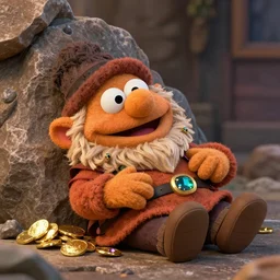 a chibi kawaii artificer dwarf muppet with a big beard and an obsession for gold and gems who loves to sleep on rocky terrain, sesame street, photograph, photography, ultrarealistic, national geographic