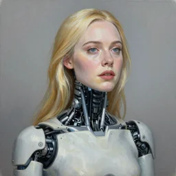 a striking hyper real painting of Elle Fanning with cybernetics by William Blake