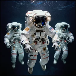 astronauts in the empty underwater void - complex and hyperdetailed technical suit. reflection and dispersion materials. glowing lights. volumetric light. ultrawide lens f / 3 2. noise film photo. flash photography. ultra realistic, holographic anaglyph materials, poster by wayne barlowe, mike winkelmann, craig mullins