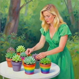 painting by Mandy Jurgen of a beautiful blonde woman with shoulder length hair in a forest green dress putting colorful succulents into rainbow pots at a square table