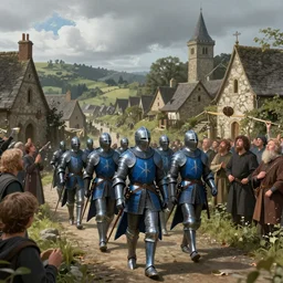 A group of Knights wearing blue gambesons march through a village, while the villagers look in awe, stunning, cloudy, high complexity, fantasy, award-winning illustration, upscaled, 8k resolution