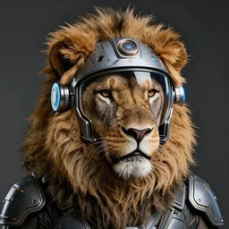 portrait of a lion wearing a futuristic helmet, synth - wave,