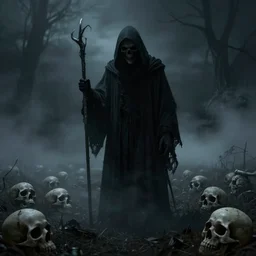 grim reaper in a field of skulls, dark, night, foggy, scary, eerie, digital art.