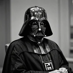 stephen hawking as darth vader unmasked, award - winning documentary photograph, cinestill 8 0 0 t 3 5 mm b & w, heavy grain, high quality, noir, natural textures, photorealistic, ambient occlusion, hd, ultra wide lens, anamorphic