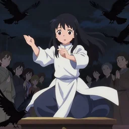 anime visual, dark portrait of a young fantasy priestess performing a ritual at an altar in front of a crowd, at night, crows flying, very low light, cute face by ilya kuvshinov, yoh yoshinari, makoto shinkai, dynamic pose, dynamic perspective, anime cel, anime still image, flat cel shading mucha, rounded eyes, crisp smooth clean lines, dramatic