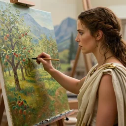 a closeup photorealistic photograph of kate beckinsale weared in roman toga, working on a canvas painting of fantasy apple orchard. film still. brightly lit scene. mountains and trees. this 4 k hd image is trending on artstation, featured on behance, well - rendered, extra crisp, features intricate detail, epic composition and the style of unreal engine.